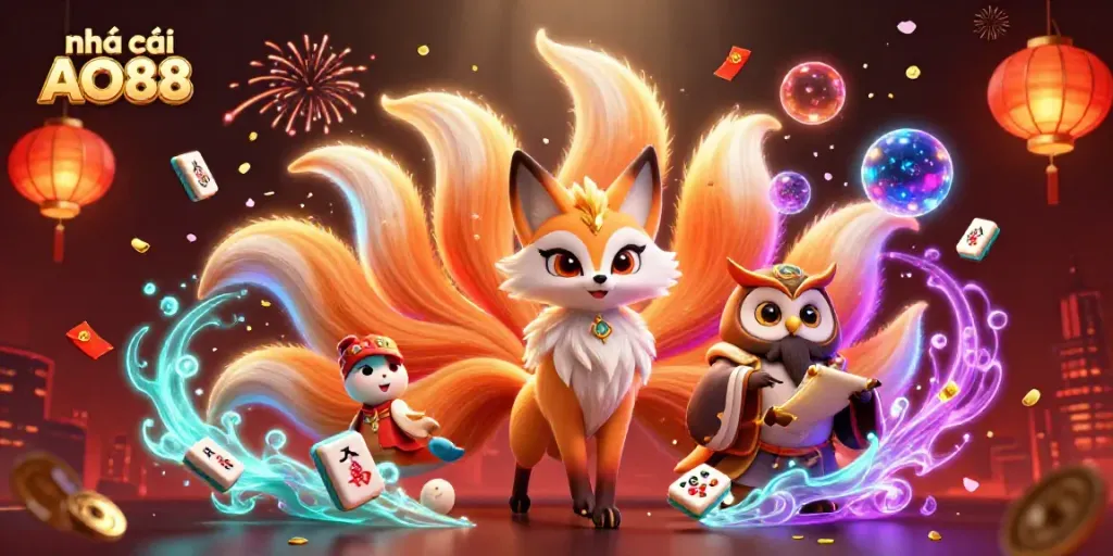 Engage with the vibrant scene of nhà cái AO88 showcasing a nine-tailed fox spirit among gamblers' lucky elements.