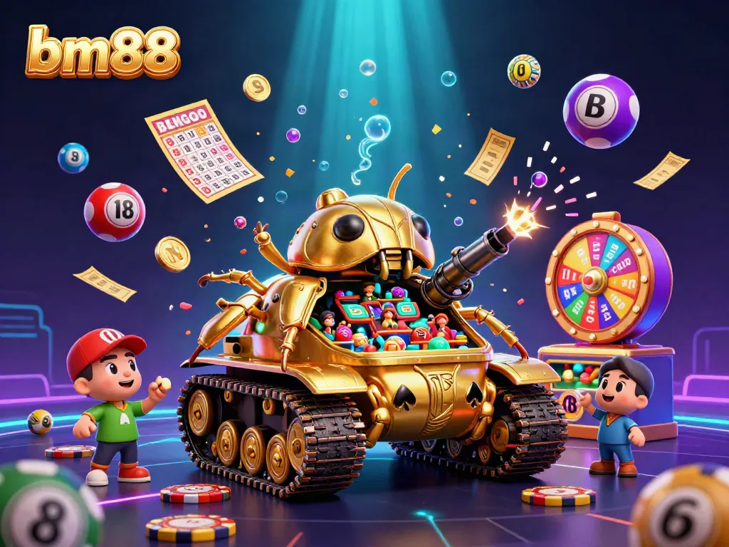 Engage with bm88's vibrant casino-themed scene, featuring a golden beetle tank filled with gaming elements.