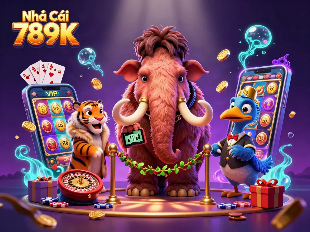 Experience Nhà Cái 789K with a vibrant casino scene featuring a woolly mammoth bouncer, VIP tiger, and playful dodo.