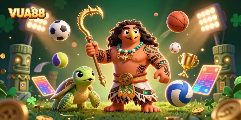 VUA88 showcases a vibrant 3D illustration with a demigod hawk and turtle, surrounded by sports-themed gambling elements.