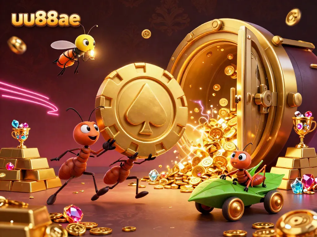 Experience the excitement of uu88ae with a team of ants on a heist, carrying a massive poker chip amidst a treasure-filled neon tunnel.