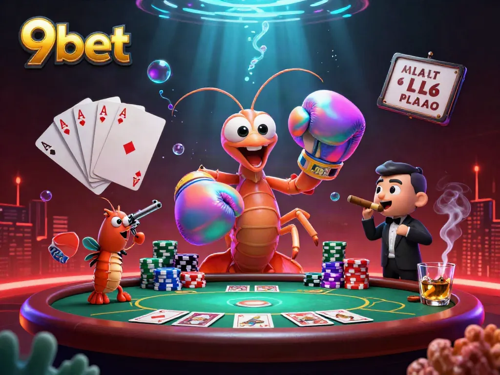 Play poker at 9bet with animated shrimp characters in a dynamic, neon-lit casino scene.