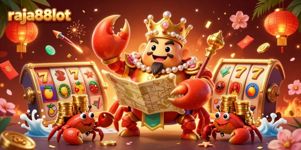 Engage with captivating raja88slot action featuring a glorious golden crab emperor amidst vibrant casino elements.