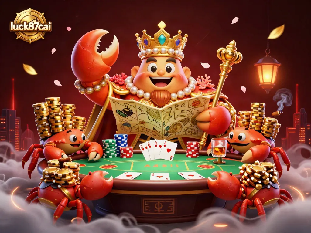 Experience adventure with luck87cai's golden crab emperor surrounded by casino chips and poker tables.