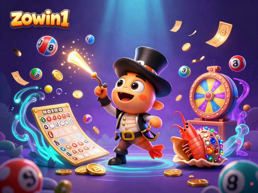 Engaging zwowin1 gaming scene with an anglerfish, shrimp, and sea snail amid colorful lottery elements.