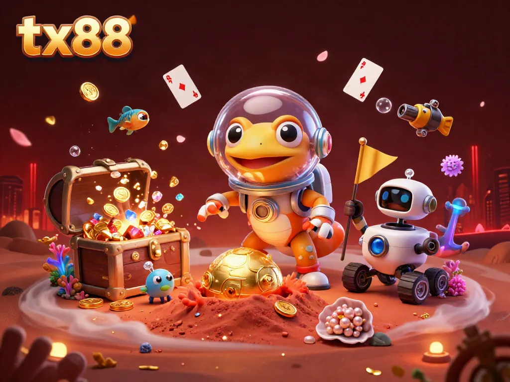 Play thrilling games with tx88 at a futuristic golden casino on Mars, featuring dynamic characters and exciting elements.