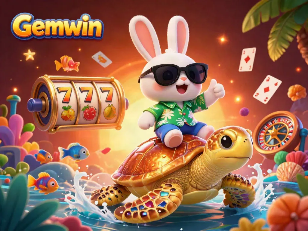 Gemwin showcases a vibrant underwater casino scene with a lucky rabbit and golden turtle amidst slot reels.
