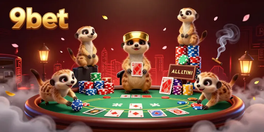 Experience the excitement of 9bet with meerkats running a lively casino scene filled with poker action.