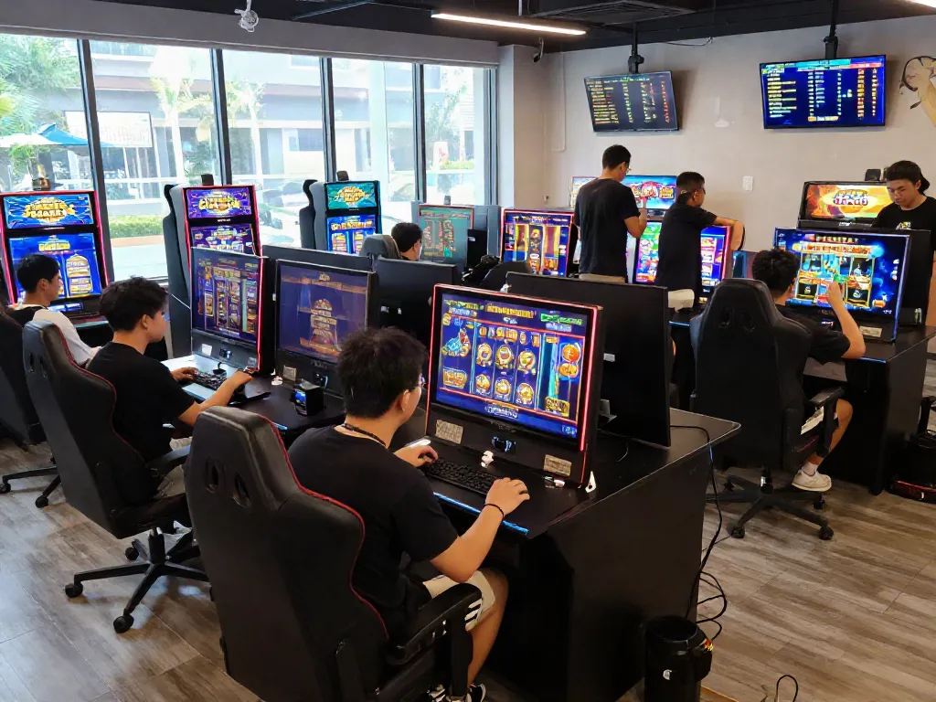 A lively gaming lounge showcasing players enjoying slot gacor games, reflecting the excitement and community spirit of online gaming.