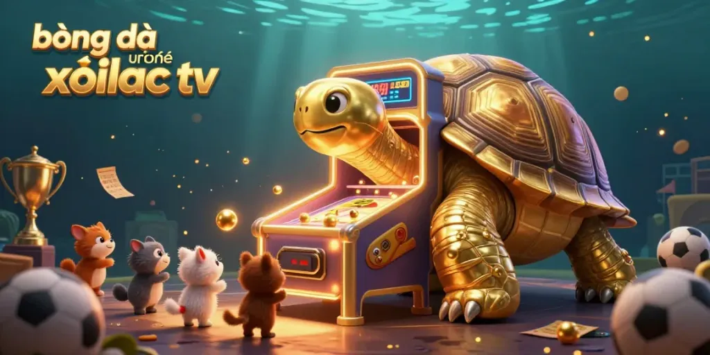 Bóng đá trực tuyến xoilac tv showcases an energetic scene with a colossal tortoise pinball machine, sports elements, and a vibrant setting.