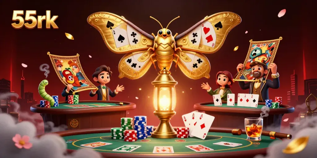 Experience the golden illumination of 55rk as the atlas moth soars above a vibrant poker scene.
