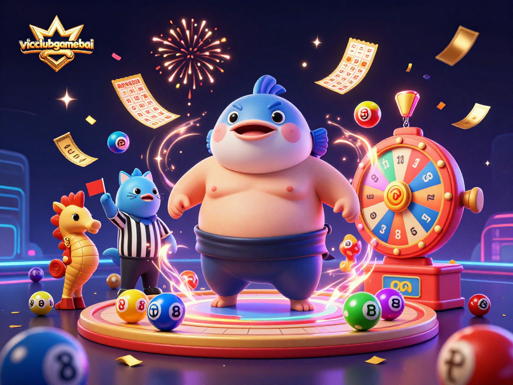 Experience thrilling wins with vicclubgamebai's colorful dynamic gambling illustration featuring diverse games.