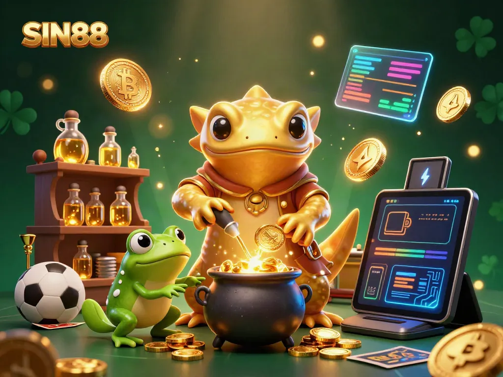 SIN88 showcases a 3D cartoon salamander alchemist creating gold coins amidst sports gambling elements, emphasizing online betting action.