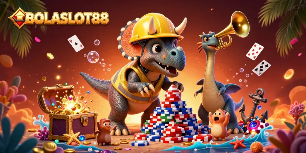 BOLASLOT88 celebrates wins with a vibrant 3D scene featuring a triceratops and friends amidst poker chips and treasures.