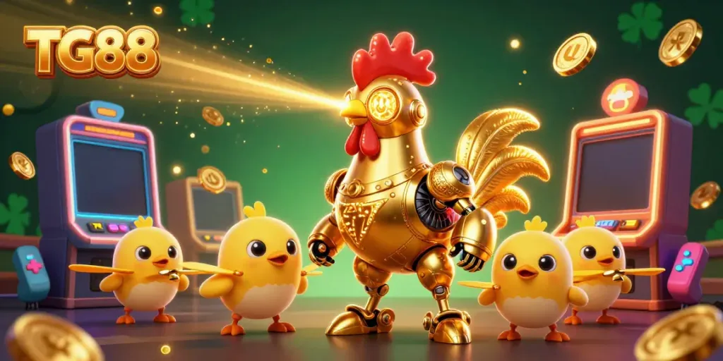 Experience thrilling gameplay with TG88's vibrant 3D scene featuring cheerful robots in a casino.
