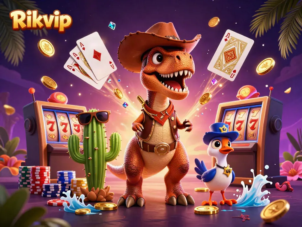 Immerse in the vibrant world of Rikvip, featuring exciting casino elements and colorful characters.