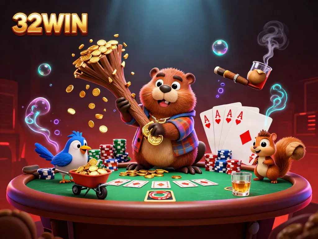 Beaver joyfully collecting golden coins at 32WIN casino surrounded by poker elements.
