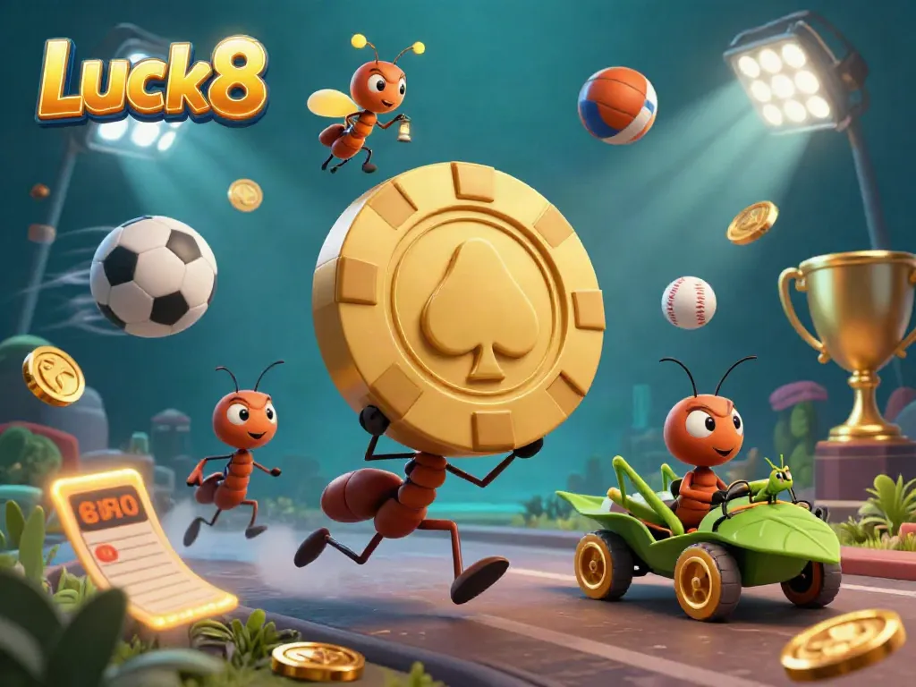 Luck8 showcases a team of animated ants heisting a giant golden chip, representing casino excitement.