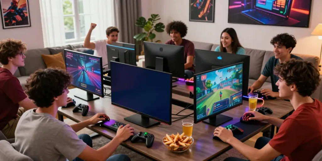 Kilat404 gaming experience with friends in a vibrant living room setting.