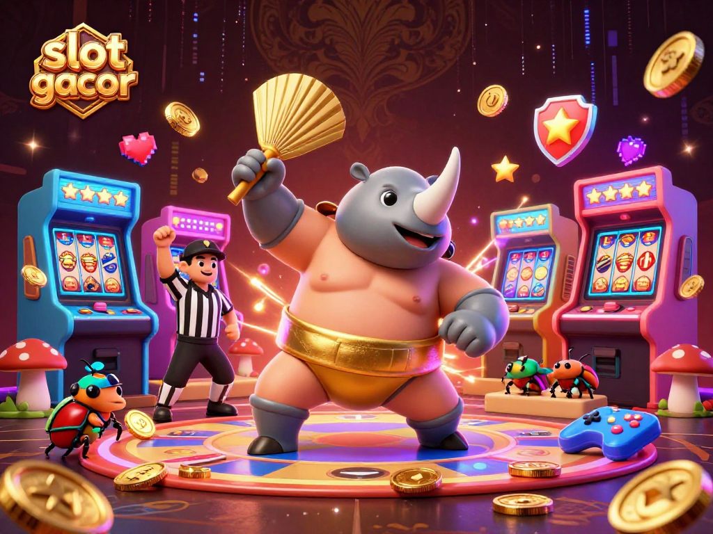 Experience the thrill of slot gacor with a vibrant 3D beetle champion amidst colorful casino elements.