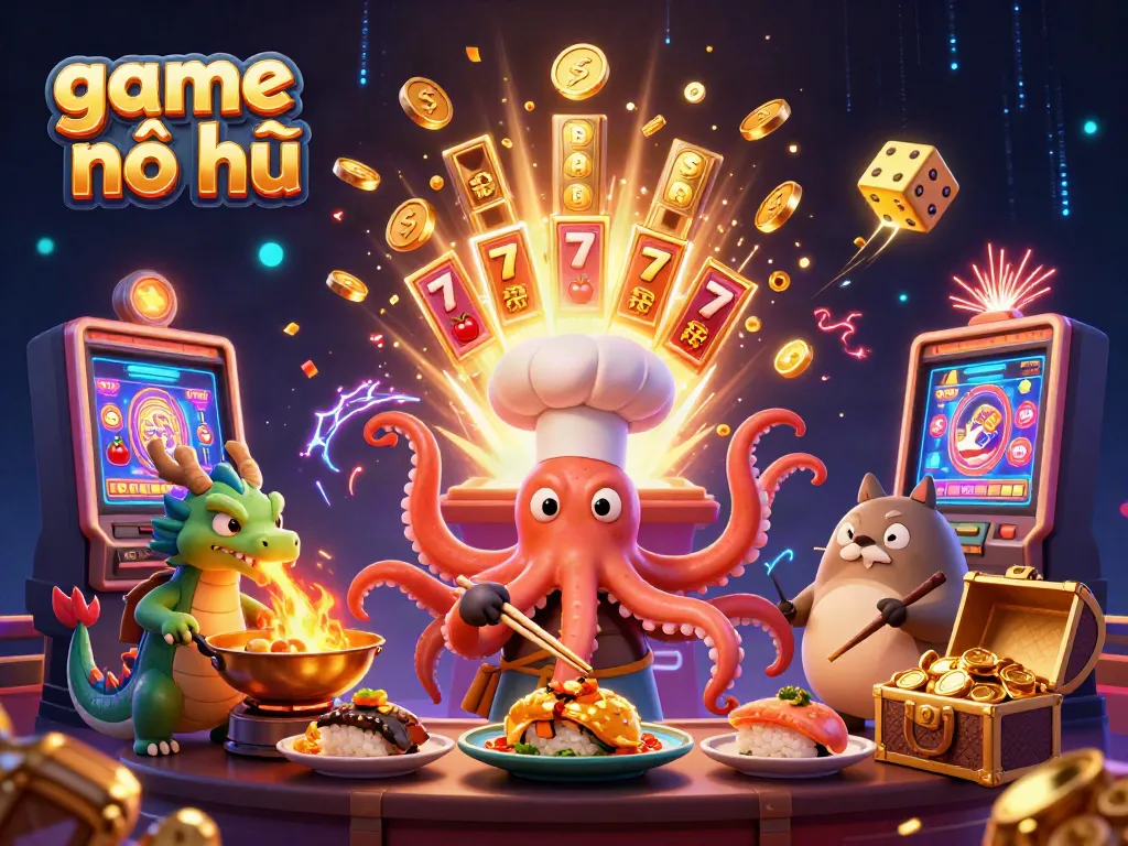Experience the excitement of game nổ hũ with a vibrant 3D scene showcasing an octopus chef, dragon, and tanuki amidst a thrilling jackpot atmosphere.