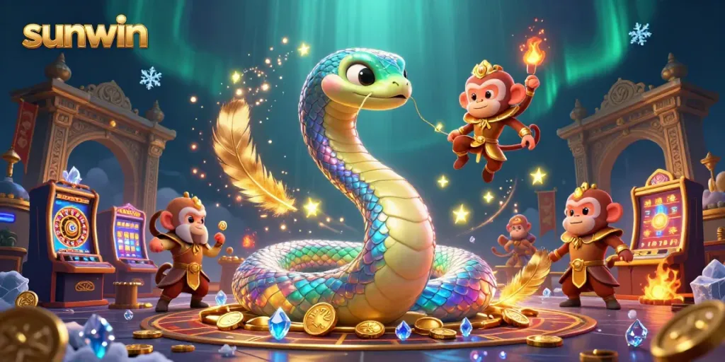 Experience thrilling gameplay with sunwin's vibrant 3D scene featuring a magical serpent and dynamic casino elements.