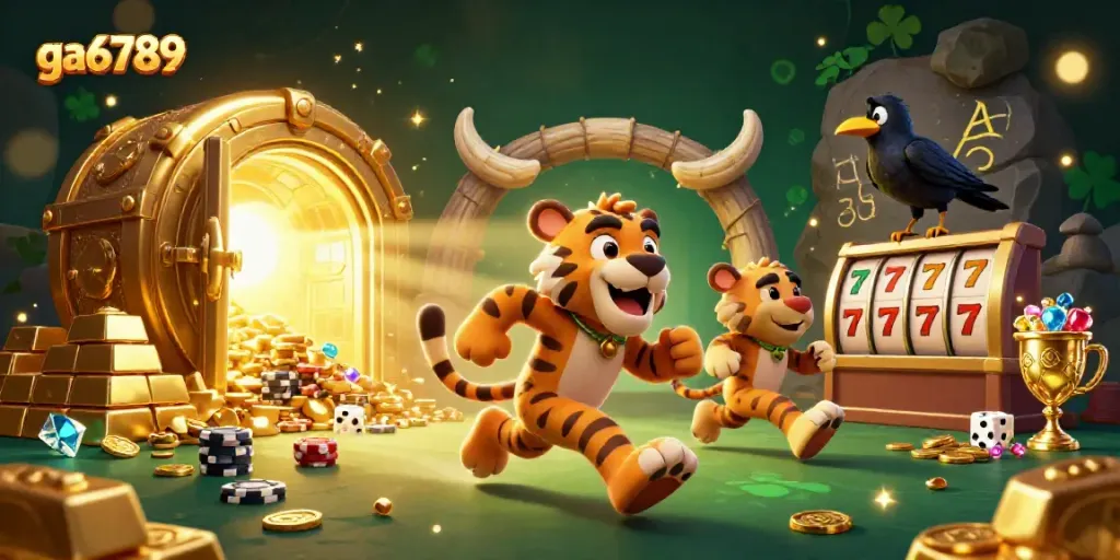 Experience excitement at ga6789 with 3D caveman and sabertooth in vibrant casino scene