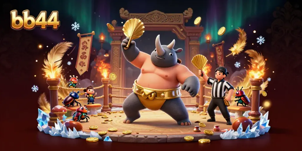 Experience thrilling gameplay action with bb44 as a sumo beetle champion celebrates victory with flying coins.