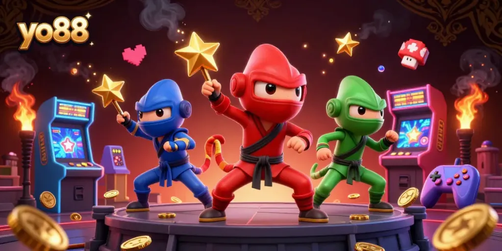 Experience thrilling action with the yo88 ninja chameleon team in a vibrant casino space.