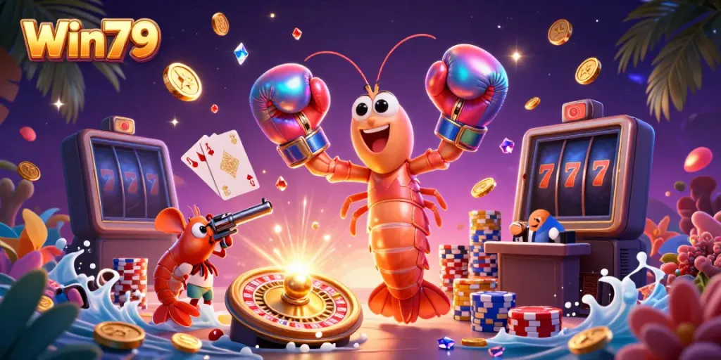 Win79 showcases a dynamic scene with an energetic mantis shrimp and playful gaming elements.