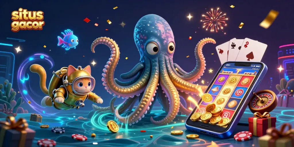 Spin the luck on situs slot gacor with a kraken, diving cat, and slot game elements bursting with energy.