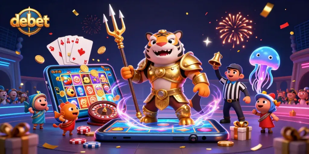 Play exciting games at debet with a dynamic underwater casino scene featuring a shark and cheering fish