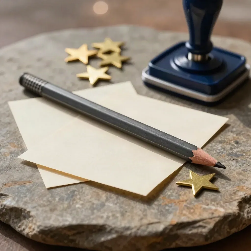 Pencil, kartki obecności, tuszowy stempel i gwiazdki nagród na kamieniu w ciemnym świetle.