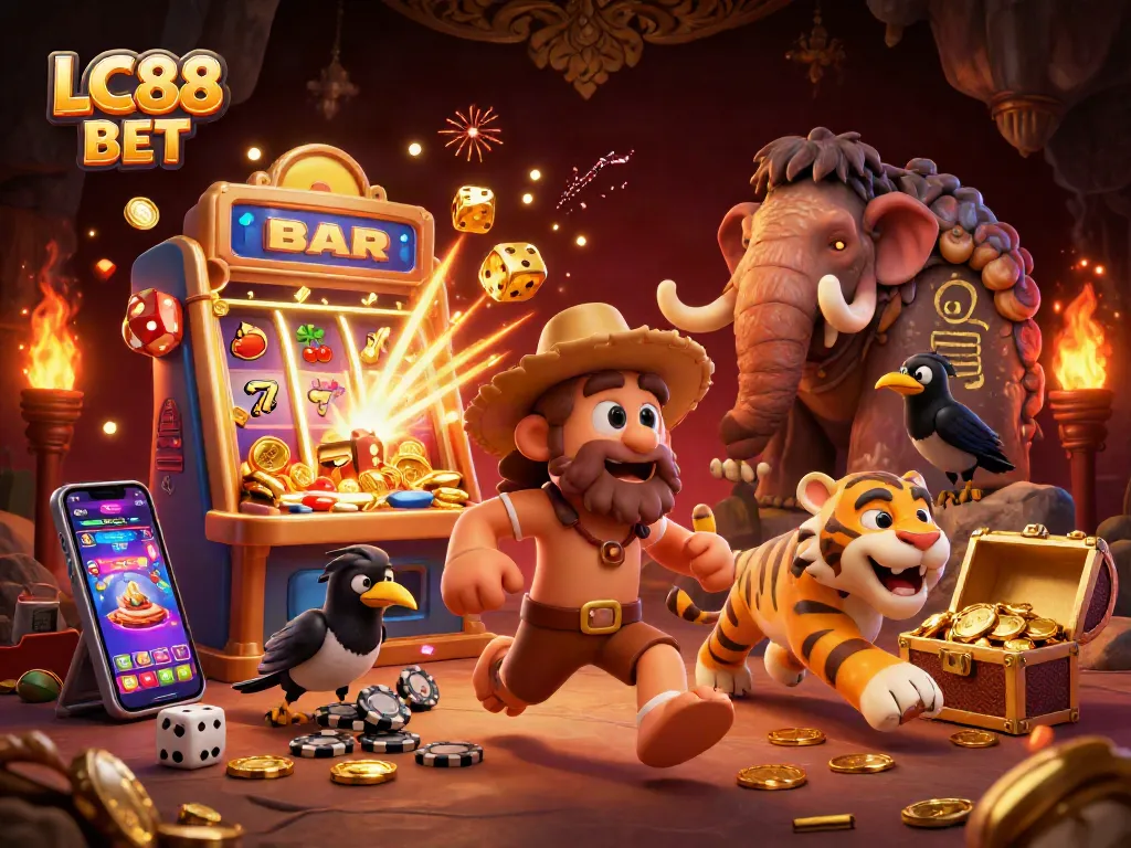 LC88 BET brings excitement to life in a prehistoric casino scene filled with dazzling wins.