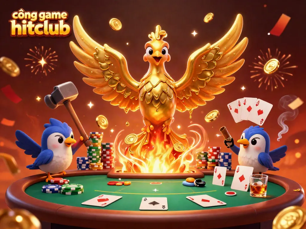 Experience the thrill of cổng game hitclub with golden phoenix rising, poker elements, and celebration vibes.