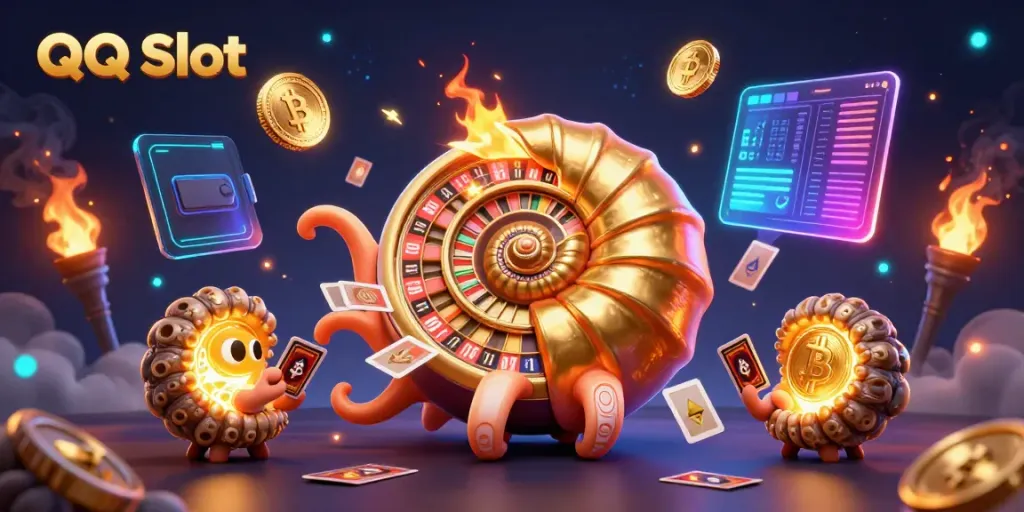 Engage with QQ Slot as ancient giant nautilus becomes a roulette wheel amidst vibrant casino elements.