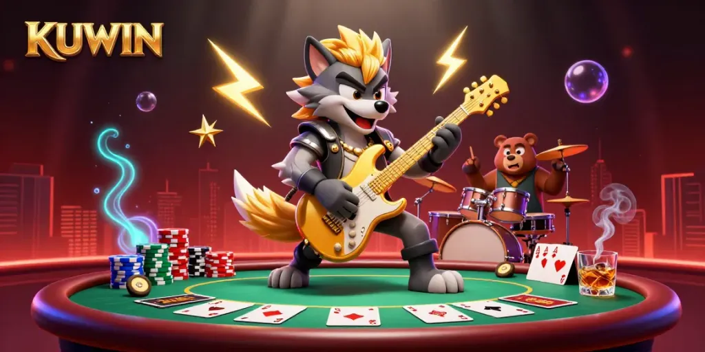 KUWIN showcases thrilling poker action with a rock star wolf and drummer bear at a vibrant casino stage.