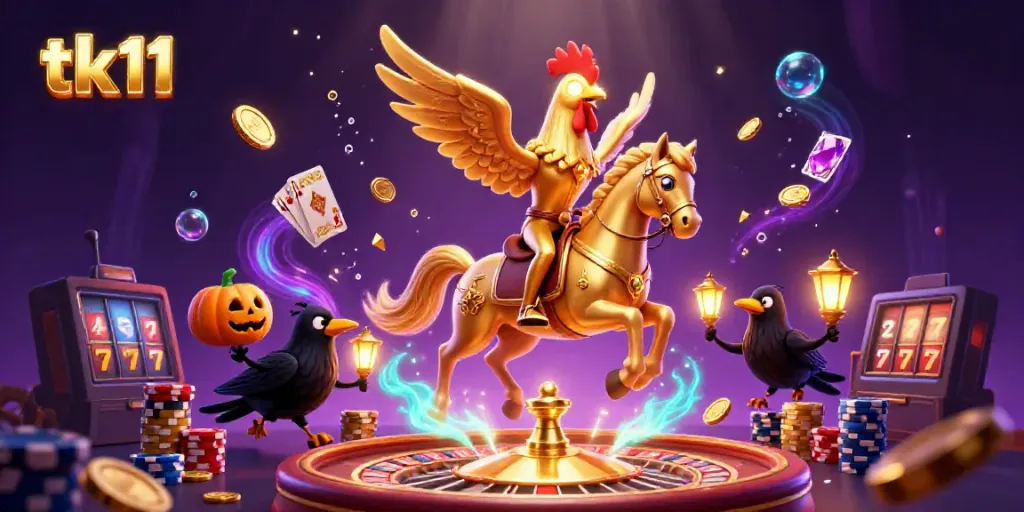Join the golden rooster headless horseman in the tk11 casino, surrounded by vibrant game elements.