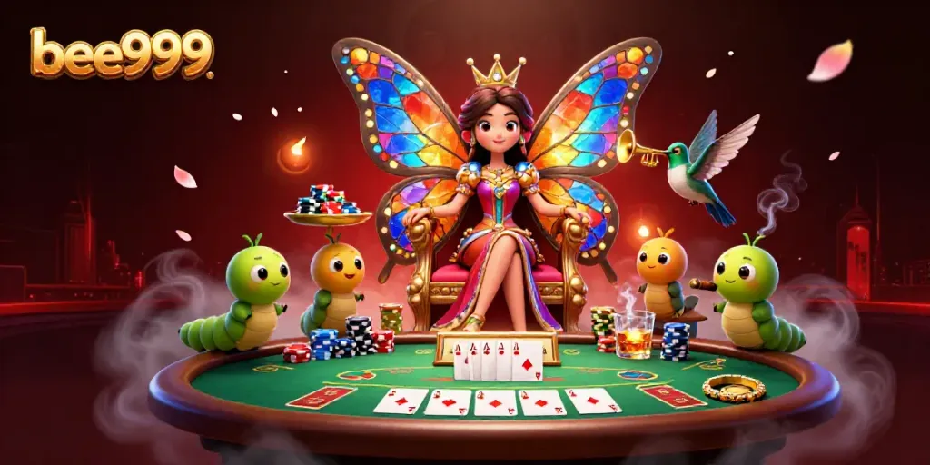 Engage with the vibrant bee999 online gaming experience featuring a queen and poker elements in a lively casino scene.