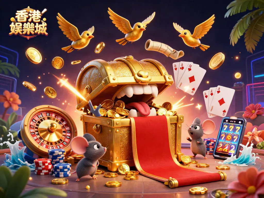 Engage with 香港娛樂城 through an exciting 3D illustration showcasing casino treasures and lively gameplay elements.
