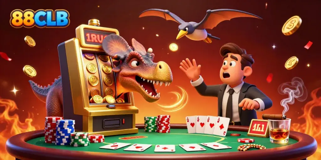 Experience the thrilling action of 88CLB as characters engage in casino chaos, showcasing vibrant gaming elements.