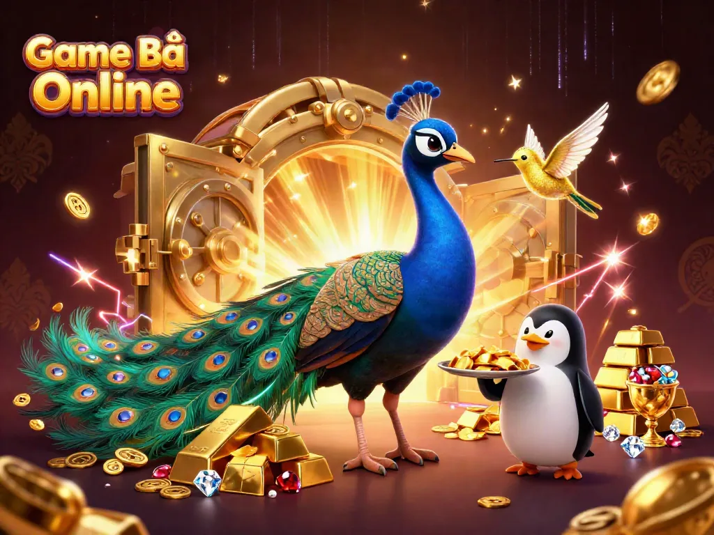 Experience the excitement of Game Bài Online with a dynamic 3D illustration of gambling characters and elements.