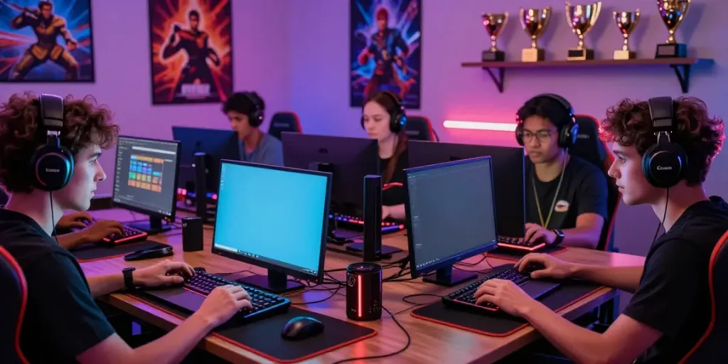 Gamer bermain di SAPPORO88 dengan peralatan modern dan suasana yang energik.