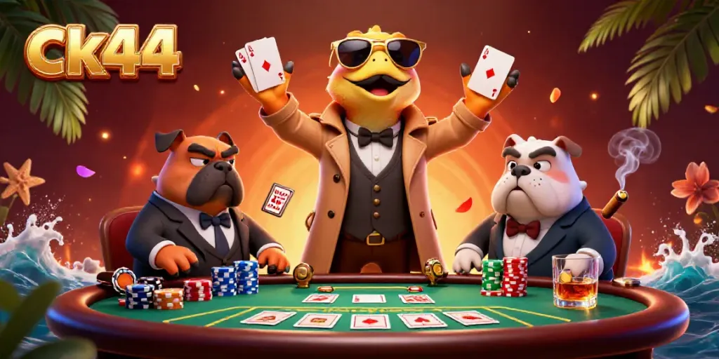 Raptors in a trench coat entering VIP lounge in ck44 casino with poker elements.
