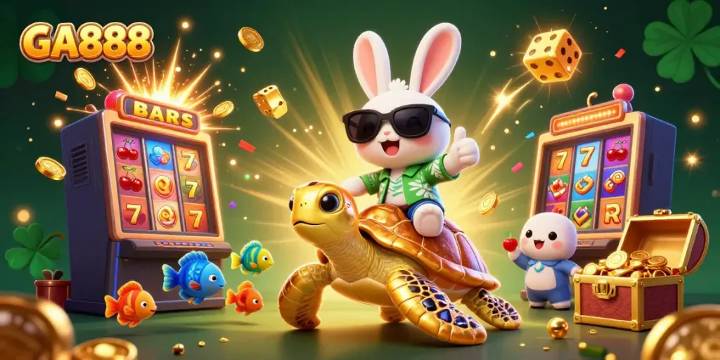 Experience thrilling moments at GA888 with a lucky rabbit and golden turtle in an exciting casino scene.