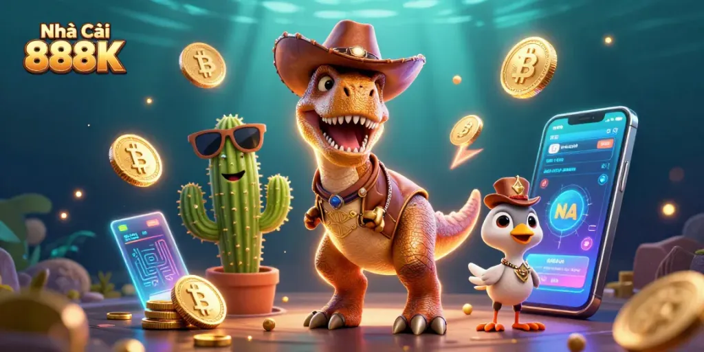 Join the adventure at Nhà Cái 888K with dynamic characters and vibrant casino elements.