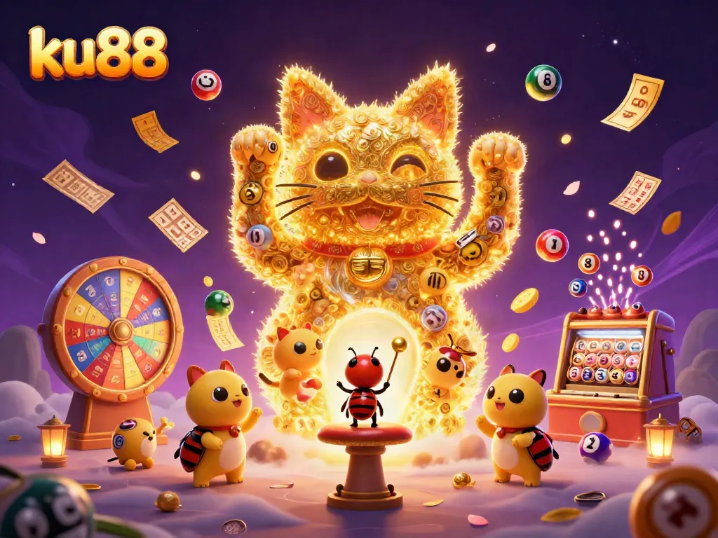Engage with ku88's vibrant gaming universe featuring a dynamic lucky cat, casino elements, and lottery excitement.