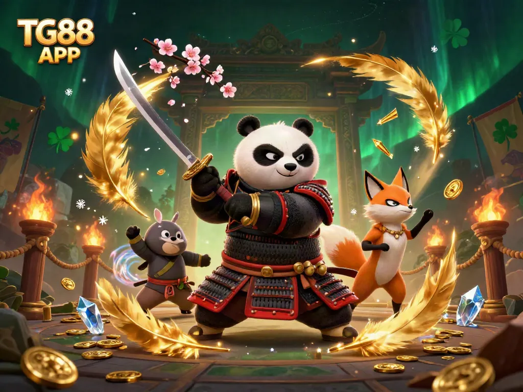 Engage with TG88 APP as a fearless panda and ninja fox unleash their powers in a vibrant casino battle.