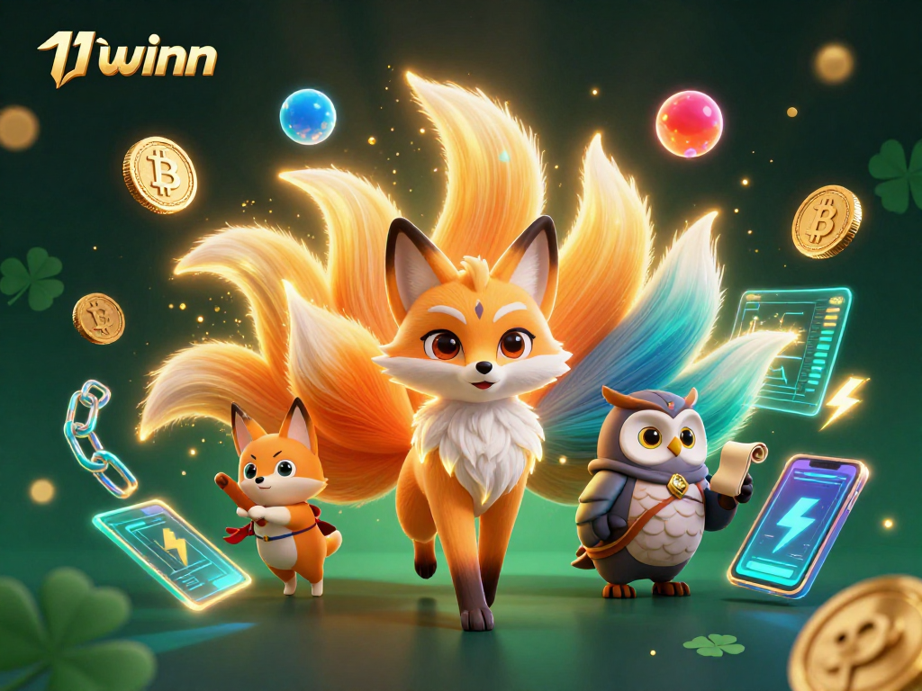 Join the excitement at 11winn with vibrant characters and glowing crypto elements in an engaging casino scene.