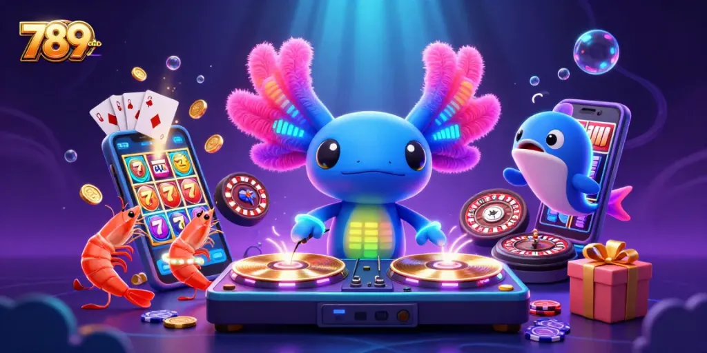 Play exciting games at 789club with a vibrant casino-themed underwater party featuring DJs and slot machines.